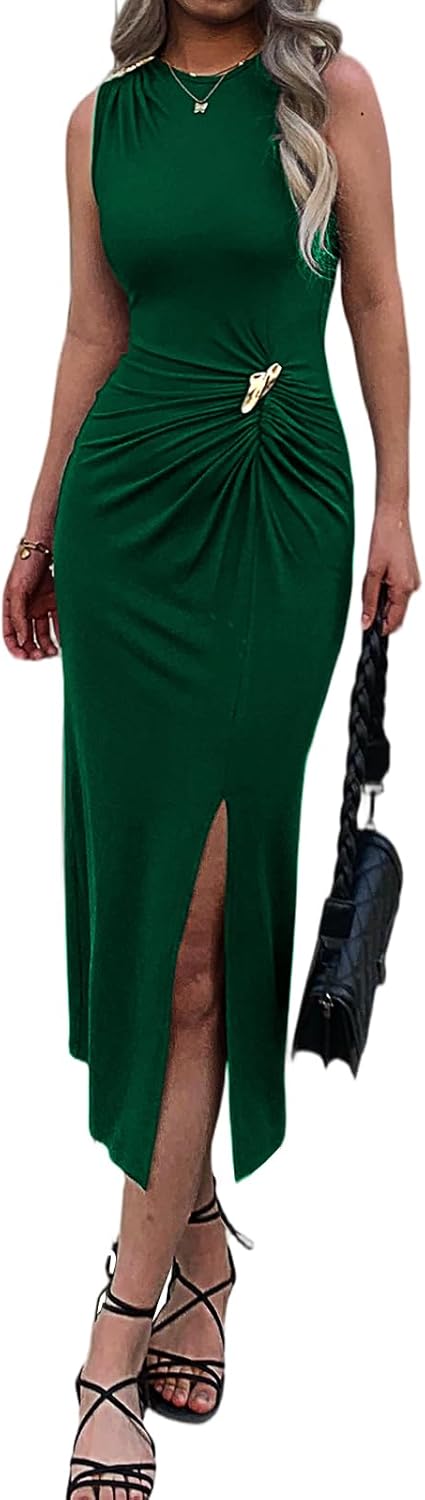 Women's Summer Bodycon Sleeveless Dress High Neck Side Slit Wedding Guest Cocktail Formal Party Maxi Dresses