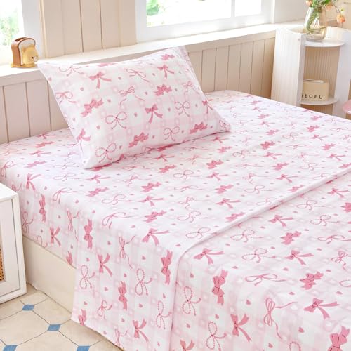 Homilay Twin Sheet Set Kids - Pink Check 3 Pieces Soft Microfiber Cartoon Style Bedsheets for Boys Girls Teens Oeko TEX Breathable 15 Inch Deep Pocket Sheets(Pink Bow)