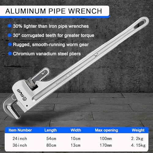 Image of 36 Inch Aluminum Pipe Wrench | Plumbers Wrench, Heavy Duty Plumbing Tools | Forged from High Carbon Steel | Suitable for Water Pipes, Plumbing, Fire Protection Pipe Tools