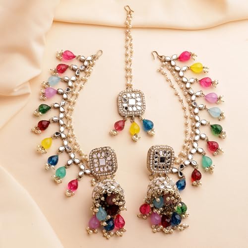 Image of ZENEME Traditional Gold Plated Kundan And Pearl Beaded Baahubali Jhumkas With Multi Layered Ear Chain Earrings for Women & Girls
