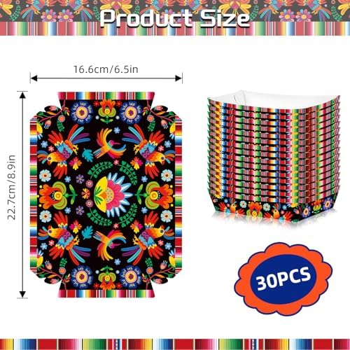 30 Pack Fiesta Mexican Food Trays, Floral and Serape Stripe Design Disposable Paper Serving Containers Boats for Taco Nights, Nachos, Fries, Popcorn, Snacks, Cinco de Mayo and Birthday Party Supplies