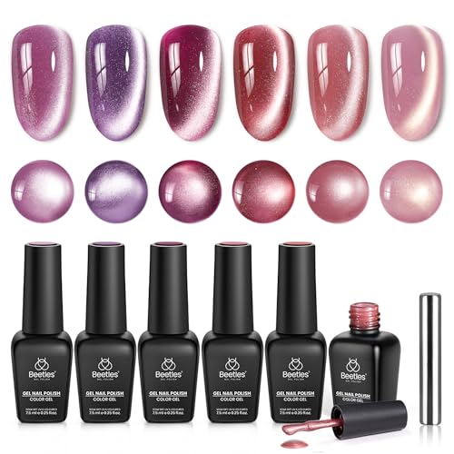 Image of Beetles Purple Cat Eye Gel Polish Nail Set, 6 Colors Glitter Gel Polish | Magnetic Cat Eye Gel Purple Red Pink Gel Polish Kit Soak Off UV Ceramic Rose Collection Manicure Gift for Women