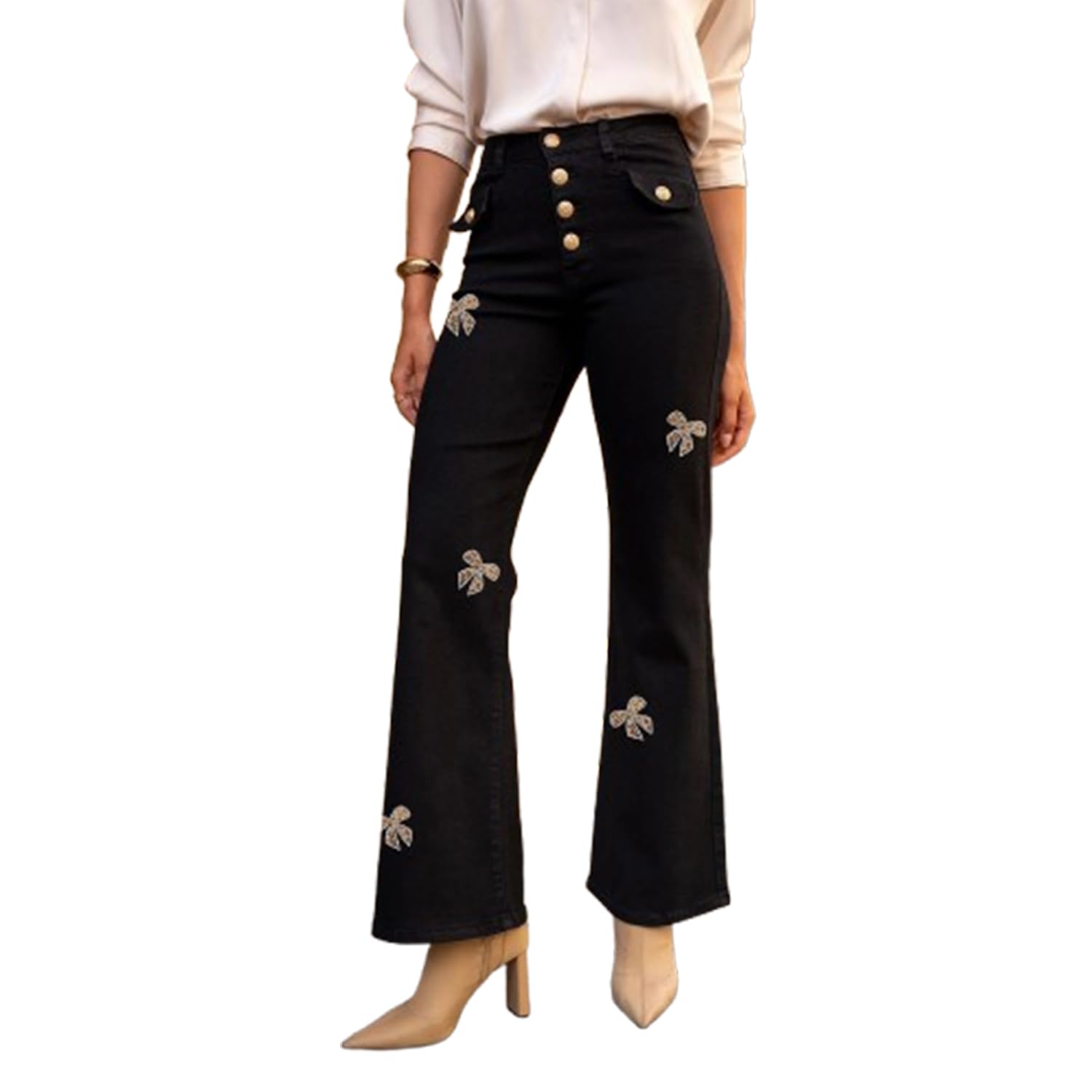 Glook Women's Black 3 Flared Jeans Stretch Wide Leg Mid Waist Bootcut Denim With 4 Buttons, Tummy Control Fit Uk (L, )