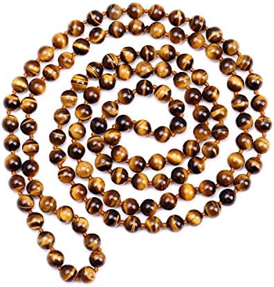 PEARLADA Vintage Tiger Eye Endless Necklace Long Beaded Necklace Handmade Knotted Jewelry for Women Girls Fashion Gemstone Strand Necklace