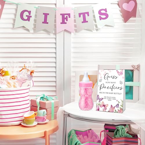 Image of Roowest 512 Pcs Baby Shower Games Guess How Many Pacifiers Sign 100 Small Guessing Games 10 HB Pencils 750ml Milk Bottle 400 Acrylic Pacifiers Decoration for Guest Gender Reveal(Pink,Butterfly)