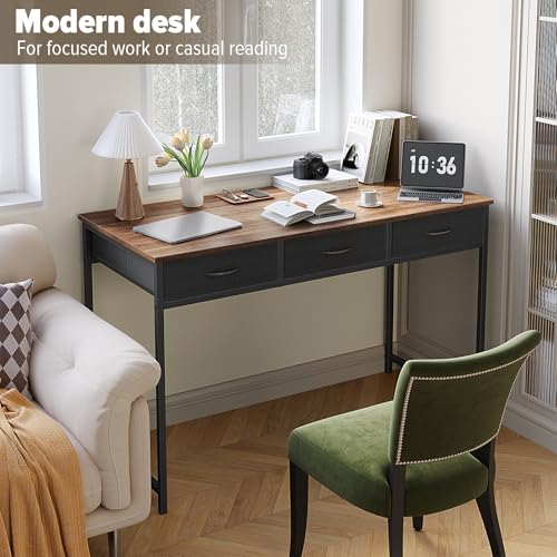Image of WOHOMO Computer Desk with 3 Drawers, 47.2 Inch Small Vanity Desk with Storage, Home Office Bedroom Desk for Small Spaces, Modern Work Writing Study Gaming Tables, Rustic Brown