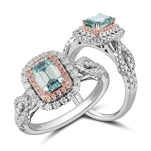 DovEggs Moissanite Engagement Rings for Women 1ct 5x7mm Elongated Emerald Cut Moissanite Peacock Blue Lab Grown Double Halo Split Shank Engagement Ring Moissanite&Sapphire Sterling Silver