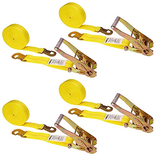 US Cargo Control - Ratchet Straps with Snap Hook - 2 Inch Wide X 27 Foot Long - 2 Inch Ratchet Straps - Yellow Ratchet Straps - Ratchet Straps Snap Hook - Ratchet Straps with Locking Hook - 4 Pack