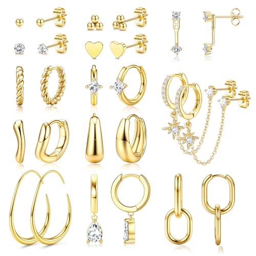 FIOROYAL 13 Pares Pendientes Mujer Oro Pendientes Dorados Mujer Hipoalergénico 14K Chapado Oro Stud Aros Dorados Mujers Huggie Aro Para Múltiples Piercing Oreja Dainty Non Tarnish Cartilage Oro