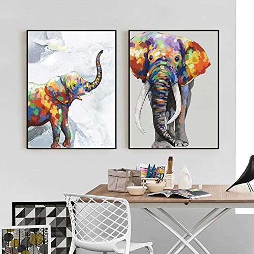 Pei-wall art Impreso en lienzo, 2 piezas, 50x70 cm, sin marco, elefante colorido, carteles de animales abstractos e impresiones, decoración del hogar, cuadro, decoración para sala de estar Cover