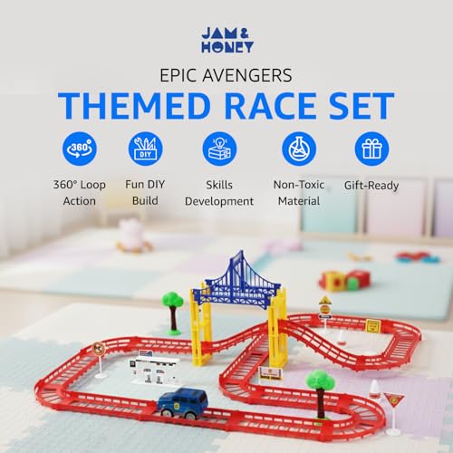Image of Amazon Brand - Jam & Honey Avengers-Themed Car Track Small Set | DIY Loop Race Track with Cars | 360 Racing Fun | Safe & Durable | BIS Certified