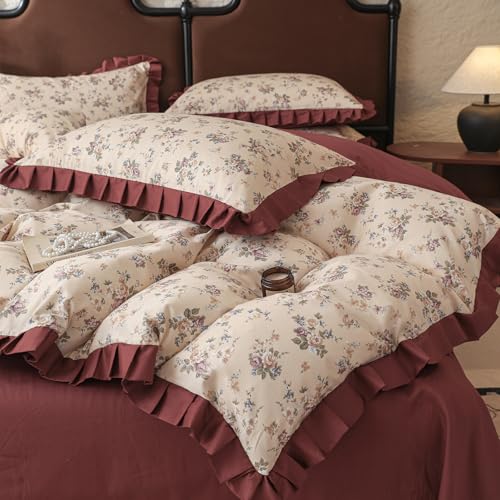 Image of VM VOUGEMARKET Red Ruffle Duvet Cover Twin,Vintage Rose Flower Bedding Set with Zipper Ties 100% Cotton Romantic Lace Comforter Cover for Teen Girls