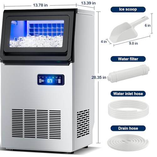 Image of Commercial Ice Maker, 113 Lbs /24H Countertop Ice Maker Machine Commercial Ice Machine Freestanding Stainless Steel Upon Counter Ice Maker(113Lbs /24H)