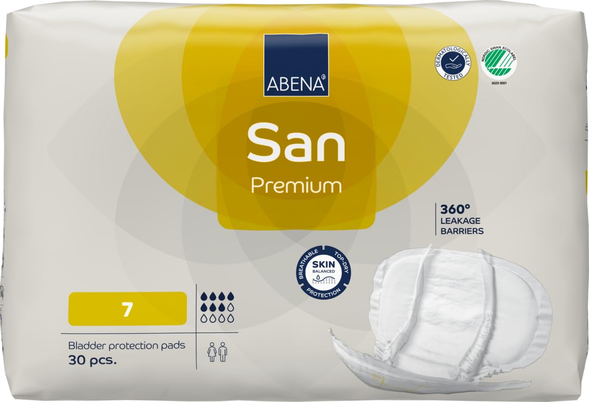 ABENA San Premium Mens & Womens Incontinence Pads, Breathable & Comfortable, Fast Absorption, Discreet & Effective Shaped Incontinence Pads for Men/Women - Premium 7, 2100ml Absorbency, 30PKThe Nordic Swan EcolabelThe Nordic Swan Ecolabel