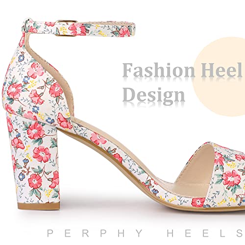 Perphy Floral Printed Open Toe Ankle Strap Chunky Heel Sandals for Women4