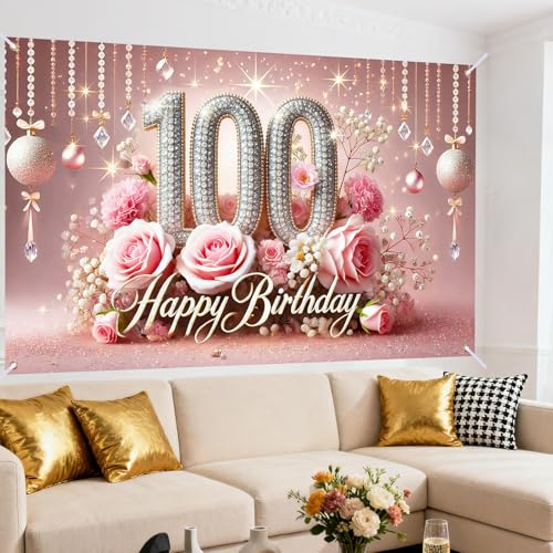Image of Nuxovilar Elegant Pink & Gold Floral Birthday Banner - 71x43 Inch Glitter Decor for 16th /21th /50th /60th /65th /70th80th /90th Birthday, Reusable Indoor Outdoor Hanging Party Supplies for Women Men (HC00297-100th, 71x43 Inch)