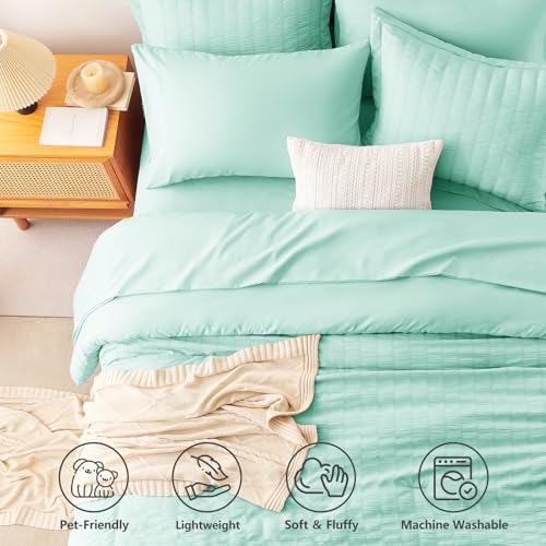Image of CozyLux Queen Comforter Set Mint Green, 7 Pieces Seersucker Textured Luxury Bed in a Bag Queen, All-Season Bedding Sets with Down Alternative Comforter, Sheets, Pillowcases & Shams, Bedroom Bed Set