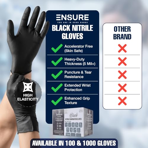 Image of Ensure Black Nitrile Gloves Medical Latex Free Low Dermatitis Gloves 5 Mil | 10 Inch Disposable Nitrile Gloves, Latex & Powder Free, Chemo-Rated, Puncture Resistant, For Medical, Food Service, Cleaning