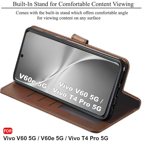 Image of TheGiftKart Genuine Leather Finish Flip Back Cover Case for Vivo V60 5G / V60e 5G / Vivo T4 Pro 5G | Inbuilt Pockets & Stand | Wallet Style | Designer Button Magnet Flip Cover (Faux Leather, Brown)