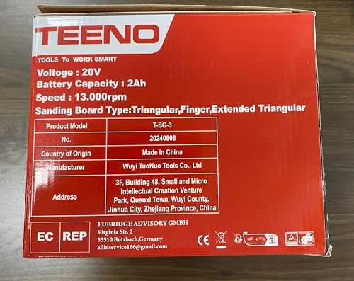 TEENO 3-in-1 Cordless Multifunction Sander, 20V 2A Battery, 13000 RPM Delta Sander with Dust Collection Bag, 15 Sheets of Abrasive Paper, 140x96.6mm 9 TEENO 3-in-1 Cordless Multifunction Sander, 20V 2A Battery, 13000 RPM Delta Sander with Dust Collection Bag, 15 Sheets of Abrasive Paper, 140x96.6mm - Image 9