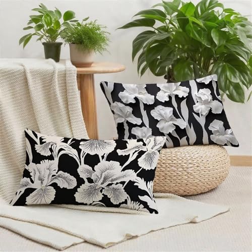 Housse coussin extérieur imperméable 60x90cm noir et blanc lot de 2 fleurs