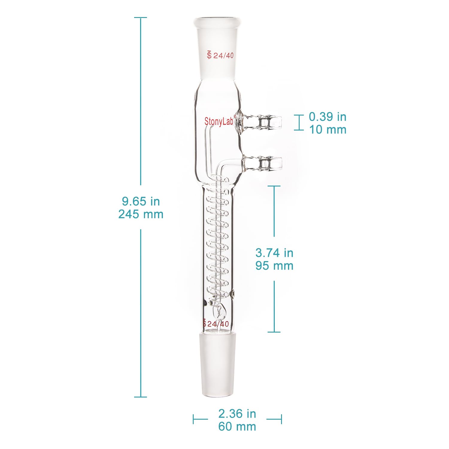 stonylab Condensatore a Riflusso a Bobina di Vetro, Vetro Borosilicato Condensatore a Bobina di Riflusso Dimroth con 24/40 Giunti e Raccordi per Tubi Flessibili, Lunghezza Totale 245 mm