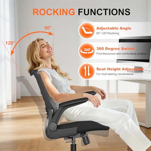 Image of Ergonomic Office Chair, Mesh Computer Chair with Flip-Up Arms | Black Areathable Mesh, Adjustable Height, 360-Degree Swivel Wheels, Flip-up Armrests, Space-Saving Seat for Home Office