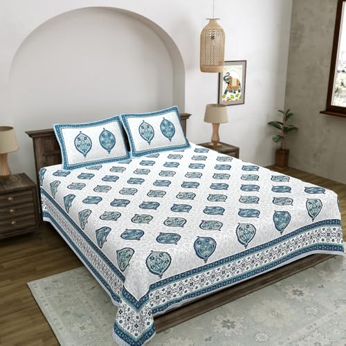 Image of Living Roots Jaipuri Hand Block Print Double Cotton Bedsheet & 2 Pillow Covers, for Mattress Upto 8 inches Thick, No Colour Bleeding, Blue Colour, Super King Size 96 * 104 inches, 150TC (578-C)