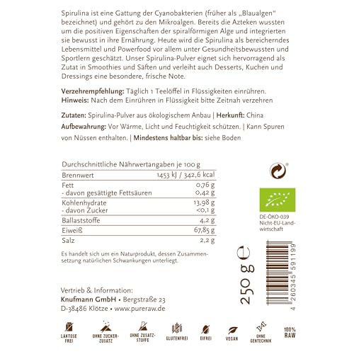 Bio Spirulina Pulver (Roh Vegan) Spirulinapulver Spirulina Algen - Algenpulver Superfood Algen Greens Supplement Algen Pulver | PureRaw 250g