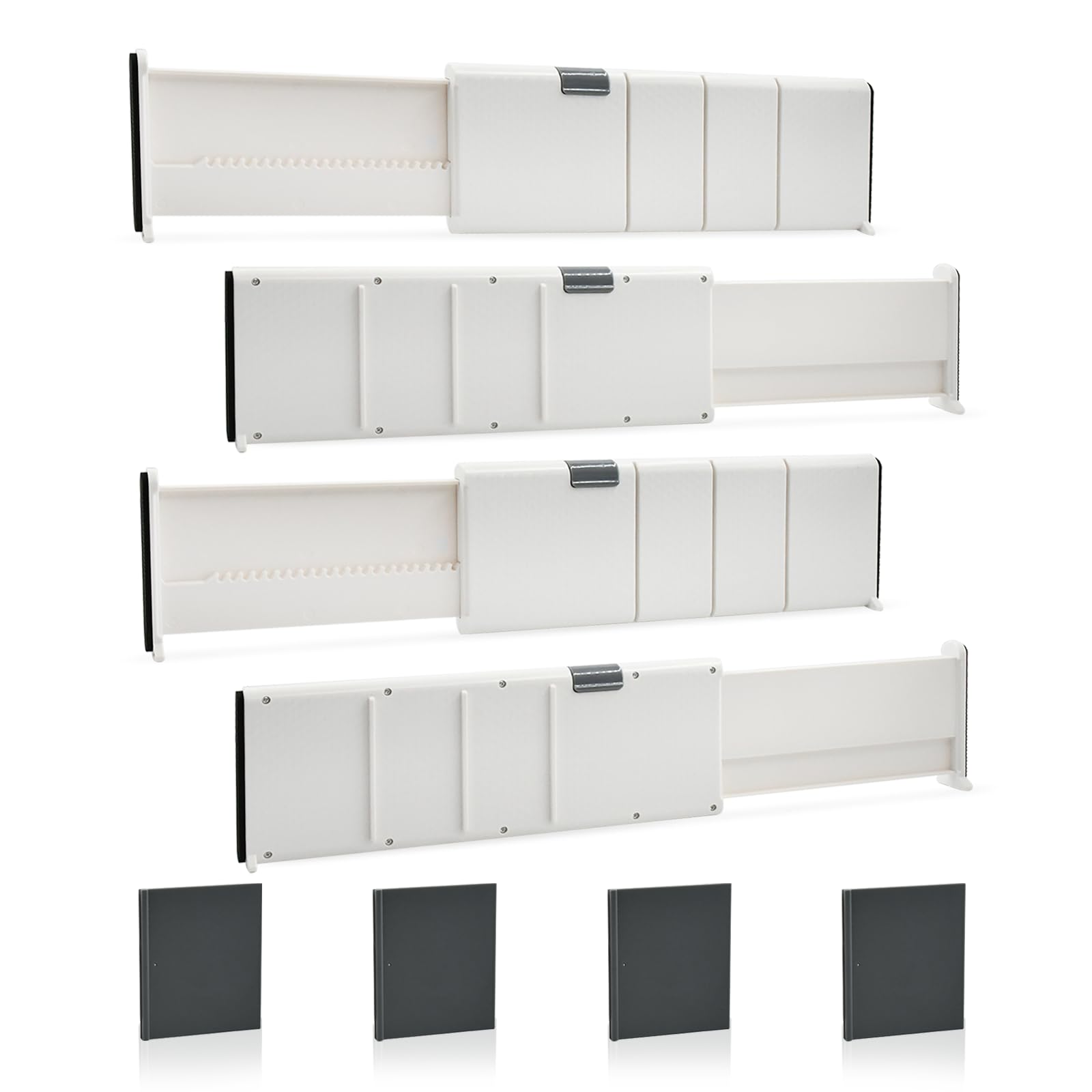 IHONYIDrawer Organiser, Set of 4 Adjustable Drawer Dividers (28-44.5 cm, 10.5 cm High), Non-Slip Drawer Divider, Drawer Organiser System for Kitchen/Bedroom/Bathroom/Chest of Drawers, White
