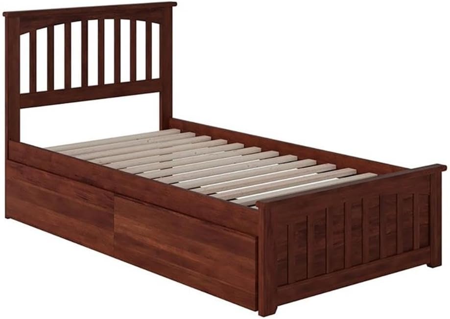 Rosebery Kids Farmhouse Solid Wood Twin XL Storage Platform Bed, Walnut Finish, Built-in Charger, 2 Underbed Drawers, No Box Spring Needed, Traditional Panel Headboard, Durable Bedroom Furniture