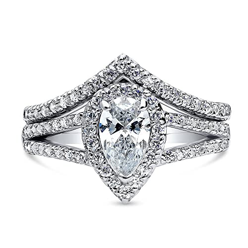 Berricle Sterling Silver Halo Wedding Engagement Rings Pear Cut Cubic Zirconia Cz Split Shank Ring Set For Women, Rhodium Plated Size 6 #TOP2