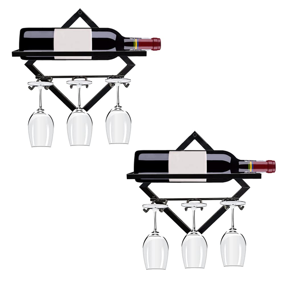 Metal Wall Mounted Wine Rack Stemware Holder Hanger Foldable Wine Bottle Storage Organizer Display Wall Decor Home Bar Kitchen (2 Bottle Rack+6 Glass Holder)
