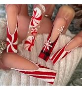 Christmas Press on Nails Long Square Fake Nails French False Nails with Designs Candy Cane Glitte...