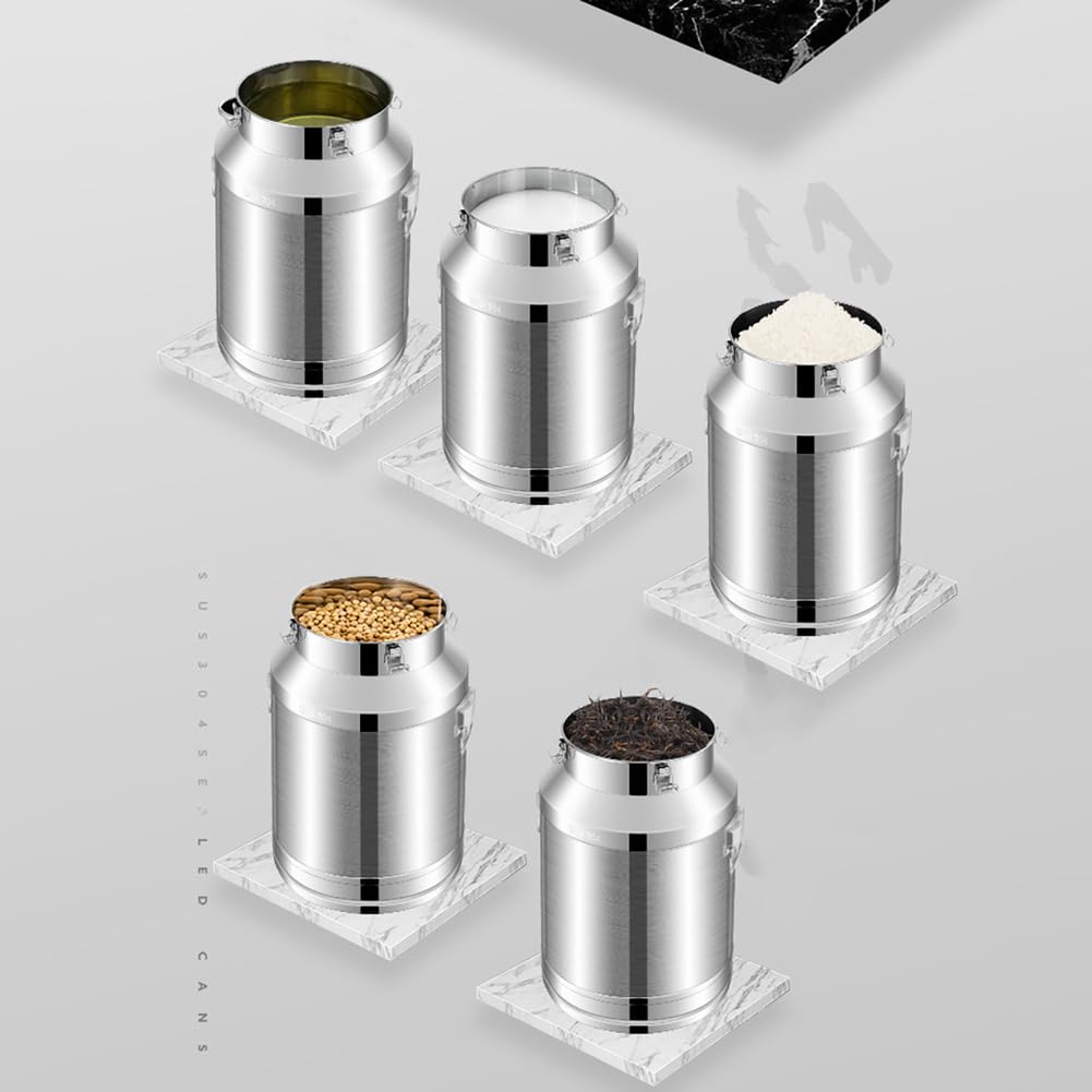 Contenedor de almacenamiento de líquidos de acero inoxidable con tapa sellada y asa de transporte para conservación de alimentos y bebidas