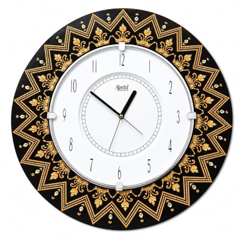 Image of Ajanta Quartz 16-Inch Round Wall Clock (41 x 41 cm) ? Premium Black & Gold Royal King Star Design | Decorative Ethnic Wall Watch with Tick-Tack Sound for Living Room, Home and Office