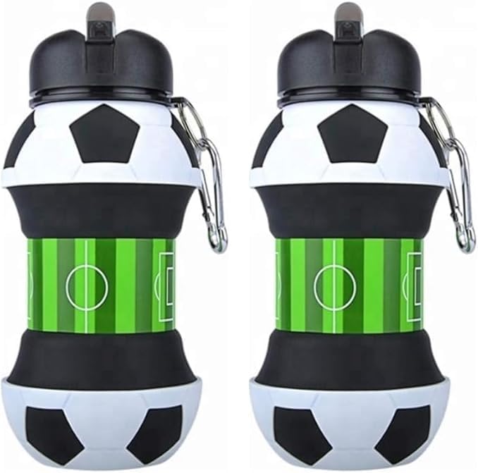 Pack 2 Botellas de Agua Plegables para Niños 500 ml – Silicona sin BPA, Diseño Balón de Fútbol, Antigoteo, con Mosquetón – Cantimplora Infantil para Colegio, Deportes y Excursiones (2 x Football)