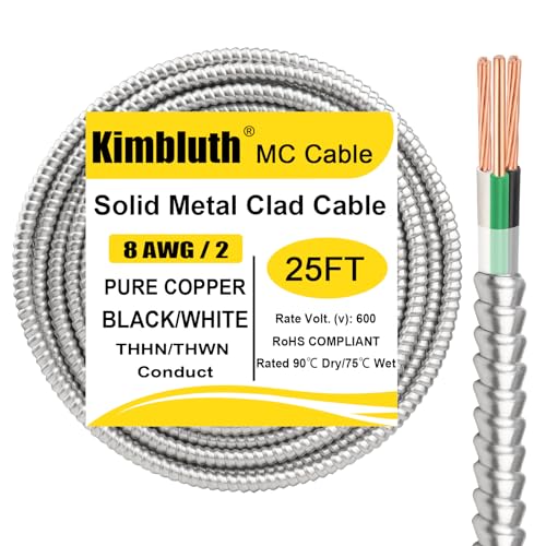Image of 8 /2 Metal Clad (MC) Cable with Ground 25ft, 8 Gauge Electric Wire with Aluminum Armor, Solid Bare Copper Conductors for Indoor Outdoor Underground Embedded Installation (8 /2, 25 FT)