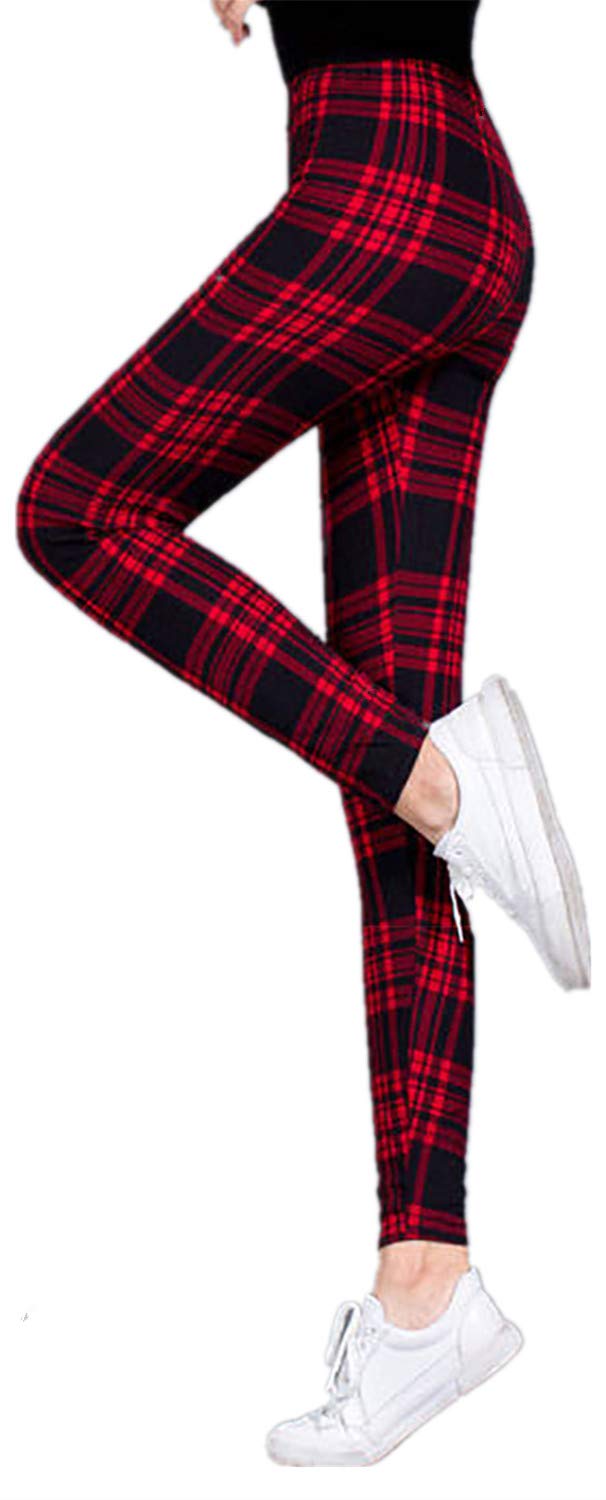 ZF4KJTHYLadies Womens Plus Red Tartan Check All Over Print Elacticated Ladies Full Length Long Stretchy Leggings