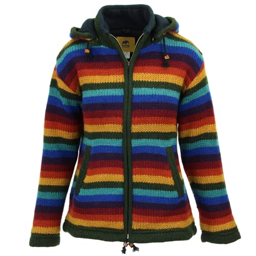 Preisvergleich Produktbild LOUDelephant Handgestrickte Wolle Kapuzenjacke Cardigan Damen Schnitt S-XXL gefüttert warm, Streifen Dunkler Regenbogen, 50