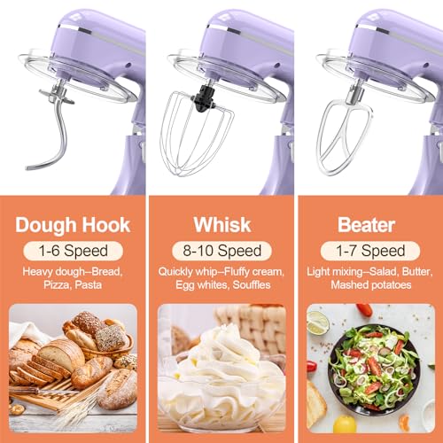 Image of CEBORY 3-IN-1 Electric Stand Mixer, 6.5QT Bowl 660W 10-Speed Kitchen Mixer, Household Food Mixers include Dough Hook, Beater and Whisk, Bread Cake Mixer for Baking and Most Home Cooks, Purple
