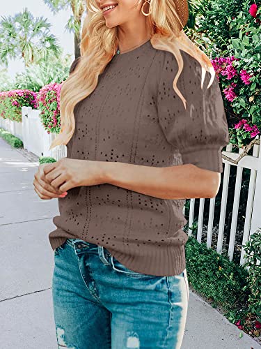 MEROKEETY Women's 2025 Spring Puff Short Sleeve Sweater Tops Crew Neck Crochet Knit Soft Pullover Shirt2