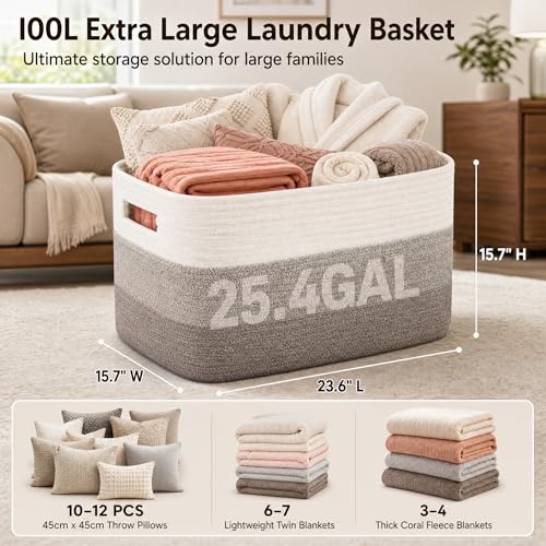 Image of Cotton Rope Laundry Basket Extra Large, 25.4GAL Collapsible Woven Storage Baskets for Living Room Kids Toys Stuffed Animal,Boho Rectangular Decorative Hamper for Dirty Clothes Blankets Gradient Brown