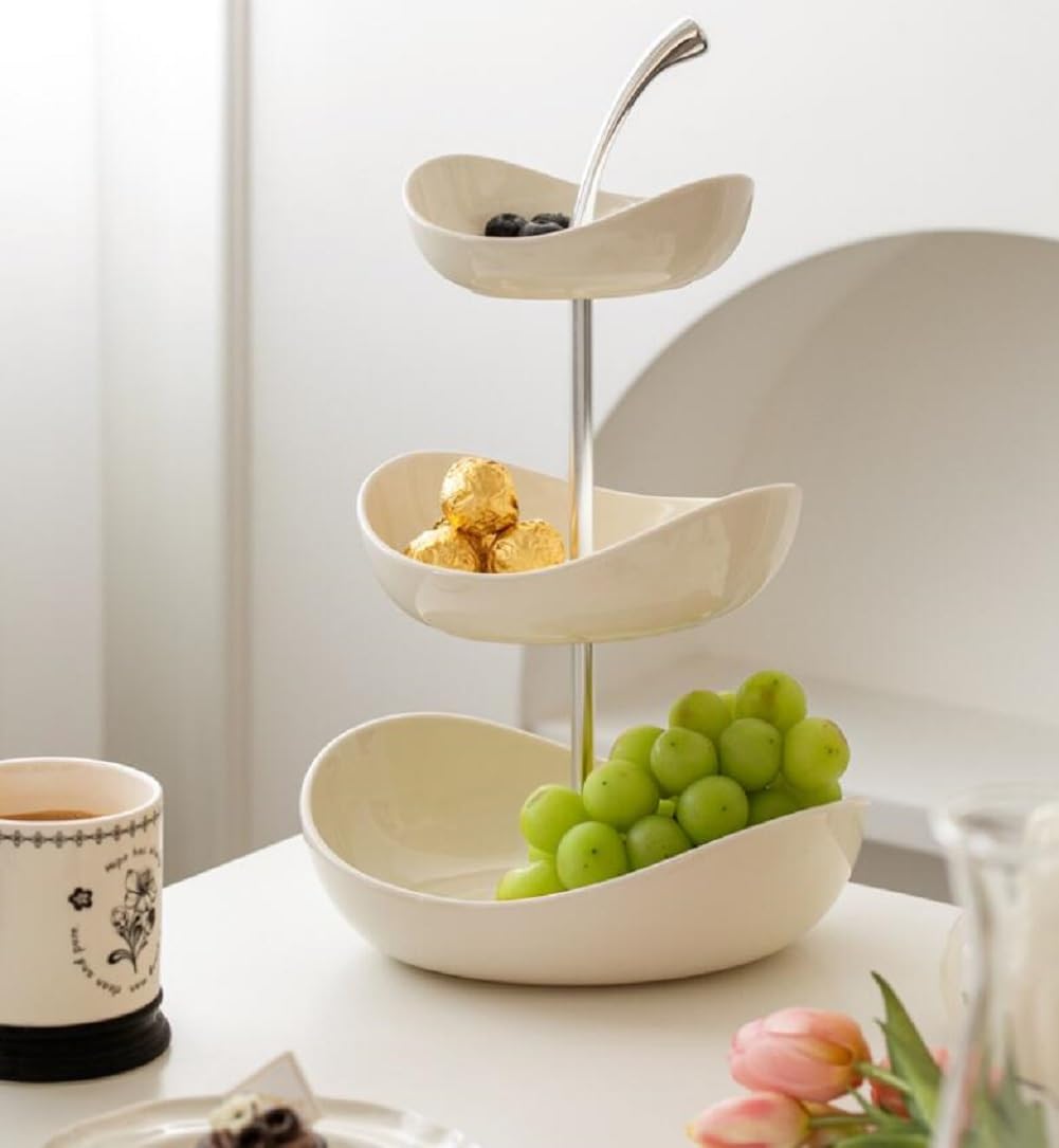 Corbeille A Fruit, Panier A Fruit avec 3 Bols De Fruits, Porte Fruits avec Support en Métal, Rangement Legumes Cuisine, Presentoir Aperitif Buffet pour Décoration Cuisine,Blanc