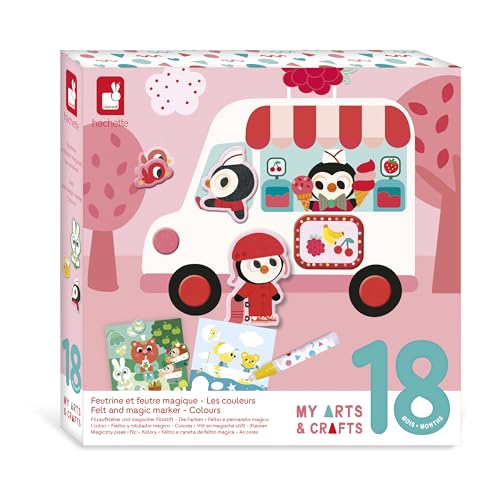 Janod - Coffret 2-en-1 : Feutre Magique & Feutrine - 2 Tableaux Recto-Verso pour Feutre Magique + 4 Tableaux pour Feutrine - Dès 18 Mois