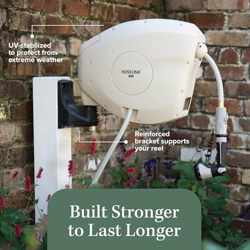 HOSELINK Classic Beige 100ft Automatic Retractable Garden Hose Reel, 1/2" UV-Stabilized Kink-Free Hose, Wall Mounted Complete Watering Solution for Backyard, Garden & Outdoor