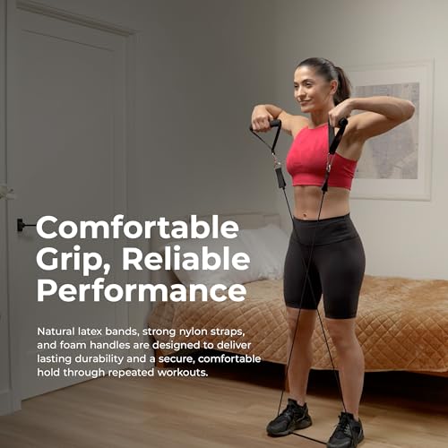 Image of Sunny Health & Fitness Premium Resistance Band Set with Door Anchors, Wrist Straps, Handles Carry Bag Optional Padded Ankle Straps (Pair) for Strength Training, Booty Workout, Lower Body Exercises