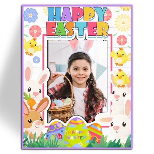 teloivrevlis Happy Easter Photo Frame Fit 4 X 6 Photo, Cute Bunny And Easter Eggs Wooden Tabletop Picture Frame With Stand, Spring Decor Photo Display Souvenir - A02