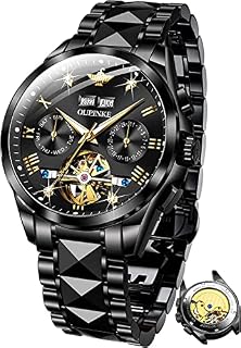 OLEVS Men Skeleton Watch Automatic Mechanical Self Winding Sapphire Crystal Luxury Dress Tungsten Steel Waterproof Two Tone Strap