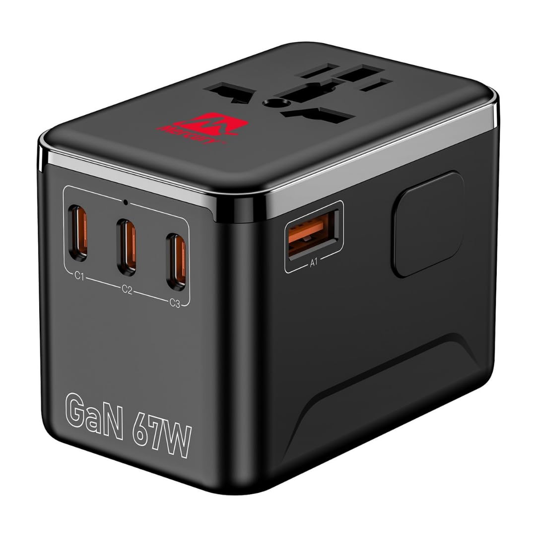 Mercury GAN Fast Charger with USB-C & 4 ports. Charges Laptop, Phone, Tablet, Electric Razor. Universal travel adapter for EU, UK, US & AU – power up multiple devices safely. (MER-GC-67W)